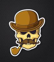 Sticker skull of a gentleman with a mustache and smoking pipe in bowler hat vector