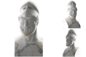 étourdissant 3d rendre de une d'or guerrier avec casque statue, parfait pour vêtements, vêtement de rue, png