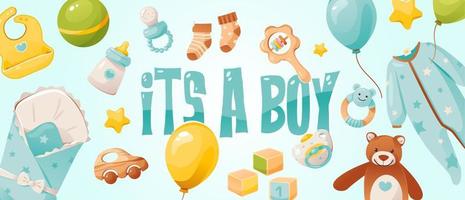 It's a boy. Baby boy shower banner or greeting card. Items for newborn baby care. Cartoon vector illustration.