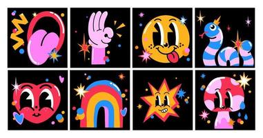 conjunto de ilustraciones vectoriales, dibujado a mano brillante, icono cómico abstracto, personaje de dibujos animados planos al estilo de los niños vector