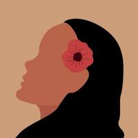 Abstract woman looking up. Hand drawn  female profile face silhouette with a red flower in her hair. Minimal design. Vector art