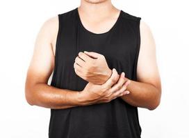 Asian man who wears black tank top shirt with two-tone skin arm isolated on white background photo
