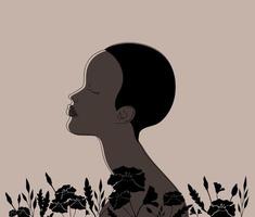 Woman with closed eyes among black poppies on grey background. Pure female beauty and nature. Hand drawn vector art