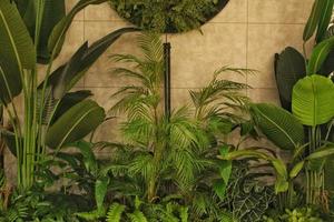 verde pared de diferente caduco plantas en el interior decoración. naturaleza hoja antecedentes. eco simpático vertical jardín. lozano follaje composición. orgánico ornamento. hogar selva decoración concepto. foto