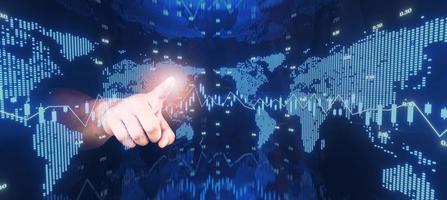 concept businessman point digital hologram Stock market investment trading world map financial chart with candlestick line graph on dark blue panorama background. 3d illustration double exposure style photo