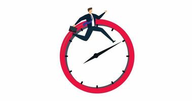 4k movimiento diseño de trabajo eficiencia, empresario participación maleta saltando en reloj manos metáfora de hora administración video