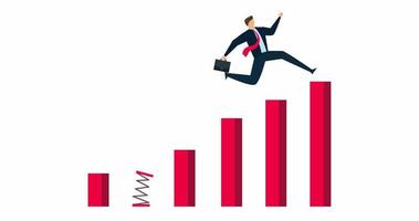 4k motion design of Business challenge, strong businessman jumping from trampoline back to top of growing bar graph video