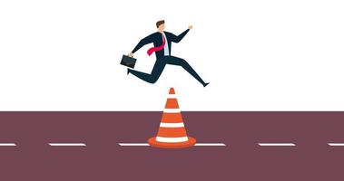 4k motion design of Overcome business obstacle, smart bravery businessman run the way around and jump pass traffic pylon roadblock. video