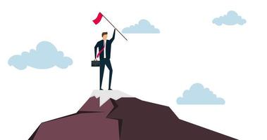 4k rörelse design av ledarskap till nå företag mål, ambitiös affärsman ledare innehav vinnare flagga stående stolthet på topp av berg topp. video