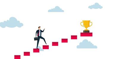 4k motion design of Success in business, successful businessman step up on wooden stairs to reach winner achievement trophy on top of the stair case. video