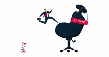 4k Animation von Kandidat suchen zum Arbeit, ehrgeizig Geschäftsmann Arbeiter Klettern das Leiter zu Verwaltung Büro Stuhl mit vakant Zeichen video