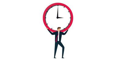 4k Bewegung Design von Zeit Verwaltung scheitern, deprimiert Geschäftsmann Gehalt Mann tragen schwer groß Uhr Belastung video