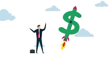 4k animatie van boost uw inkomen, gelukkig zakenman bedrijf eigenaar of investeerder met dollar geld teken lancering raket booster hoog in lucht video