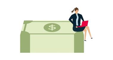 4k animation de en ligne affaires fabrication argent, Jeune femme travail avec ordinateur portable séance sur tas de dollar billets de banque. video