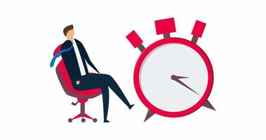 4k animation de productivité et Efficacité dans travail, intelligent se détendre homme d'affaire séance sur chaise à côté de alarme l'horloge video