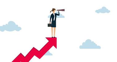 4k animation of Woman leader with lady power business vision, success businesswoman standing on top of rising arrow with telescope to see future vision video