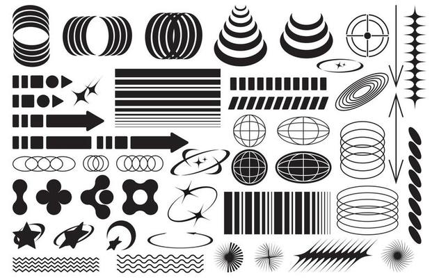 Abstract geometric shapes. Brutal modern shapes of spirals, stars and other elements in Y2K retro style.