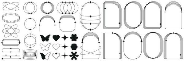 A set of geometric shapes, frames, hearts, butterflies, flowers, shapes in a trendy retro style of the 2000s. Modern minimalist arched frame with sequins. Trendy design elements for banners, social. vector