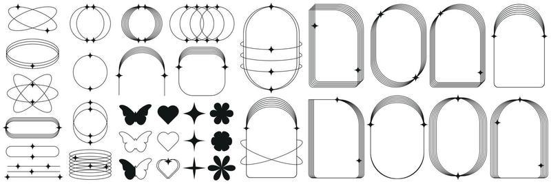 A set of geometric shapes, frames, hearts, butterflies, flowers, shapes in a trendy retro style of the 2000s. Modern minimalist arched frame with sequins. Trendy design elements for banners, social.