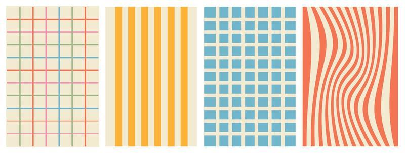 Groovy backgrounds in 70s hippie style. Grid, chessboard, waves. Twisted and distorted vector texture in trendy retro psychedelic style.