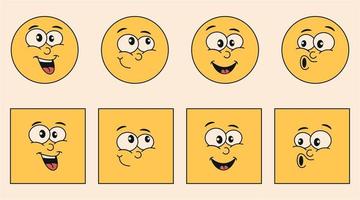 Groovy cartoon characters. Emoticons and squares with faces and smiles. Set of stickers in trendy 60s,70s retro hippie style. Vector. vector