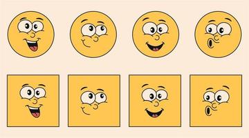 maravilloso dibujos animados caracteres. emoticones y cuadrícula con caras y sonrisas conjunto de pegatinas en de moda años 60, 70 retro hippie estilo. vector. vector