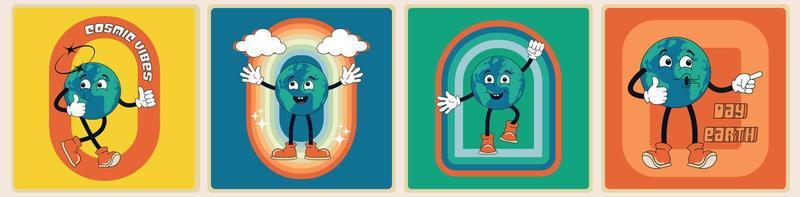 Retro collage with funny Earth planet character. Modern cartoon illustration in the form of posters, stickers, icons, design. Eco planet earth concept.