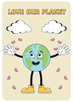 Retro planet in trendy retro cartoon groovy style. Groovy planet for stickers, banners, posters, design. World Environment Day. vector