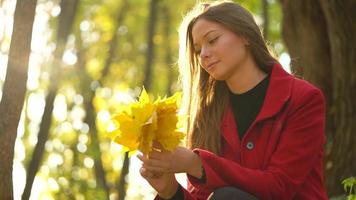 Beautiful girl sits in the autumn forest and collects a bouquet of yellow maple leaves. Slow motion video