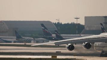 MOSCOW, RUSSIAN FEDERATION JULY 29, 2021 - Antonov An 124 100 Ruslan speed up before takeoff at Sheremetyevo Airport, Moscow SVO. An 124 is a heavy long range transport aircraft video