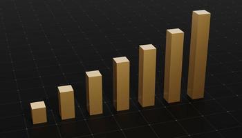 concept of gold growth Bar Graph on grid black background. 3d illustration photo