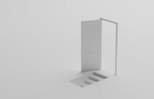 resumen o negocio concepto blanco puerta abierto y secreto escalera o sótano en blanco antecedentes. 3d ilustración foto