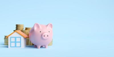 concept of a business save money piggy bank or pig bank and coin on blue background. 3d illustration photo