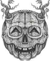 Art surreal pumpkin skull. Hand drawing and make graphic vector. vector