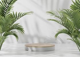 3D white podium or white and wood dais stage. white mock-up stand product scene blue background. 3d podium stage illustration render. green palm leaves photo