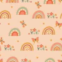 Seamless pattern in boho style with rainbows, flowers and butterflies. Vector graphics.