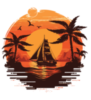 A beautiful tropical island with boat sunset and palm tree png