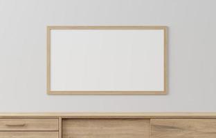 home modern wooden frame and cabinet mock up or blank close up on white wall background. frame mockup. 3d illustration photo