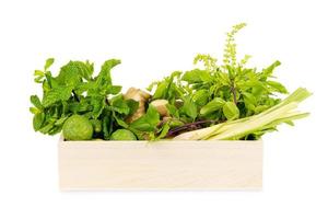 Various fresh asian herb ingredients food in wooden box isolated on white background photo