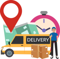 entrega mensajero. entrega mensajeros utilizando mapa carros y relojes concepto de entregando bienes en hora png