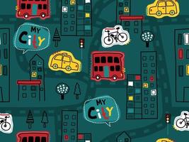 seamless pattern of hand drawn cityscape elements cartoon with vehicles, buildings and roads vector