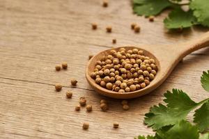 cerca arriba seco cilantro semilla especia en de madera cuchara y hoja o hojas en madera mesa antecedentes con Copiar espacio foto