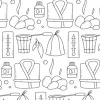 Seamless pattern with bath elements in doodle style. Vector illustration. Line print with hat, thermometer, oil and leaves.