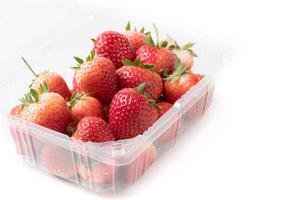 fresh strawberries in plastic box isolated photo