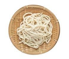 top view or flat lay udon noodle in wood bowl isolated on white background with clipping path photo