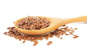 Flax seeds in wooden spoon isolated on white background. photo