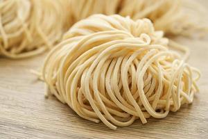 raw ramen noodle in wood plate on wooden table background. fresh egg ramen noodles and wooden background. photo
