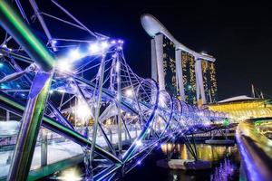 SINGAPORE - October 28-Marina Bay Sands Resort Hotel and the Helix bridge on October 28, 2014 in Singapore. The resort is one of the most expensive stand alone casino property in the world. photo