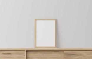 home nordic or Scandinavian modern style wooden frame and cabinet mock up or blank close up on white wall background. frame mockup. 3d illustration photo