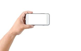 hand man hold mobile phone with white screen photo